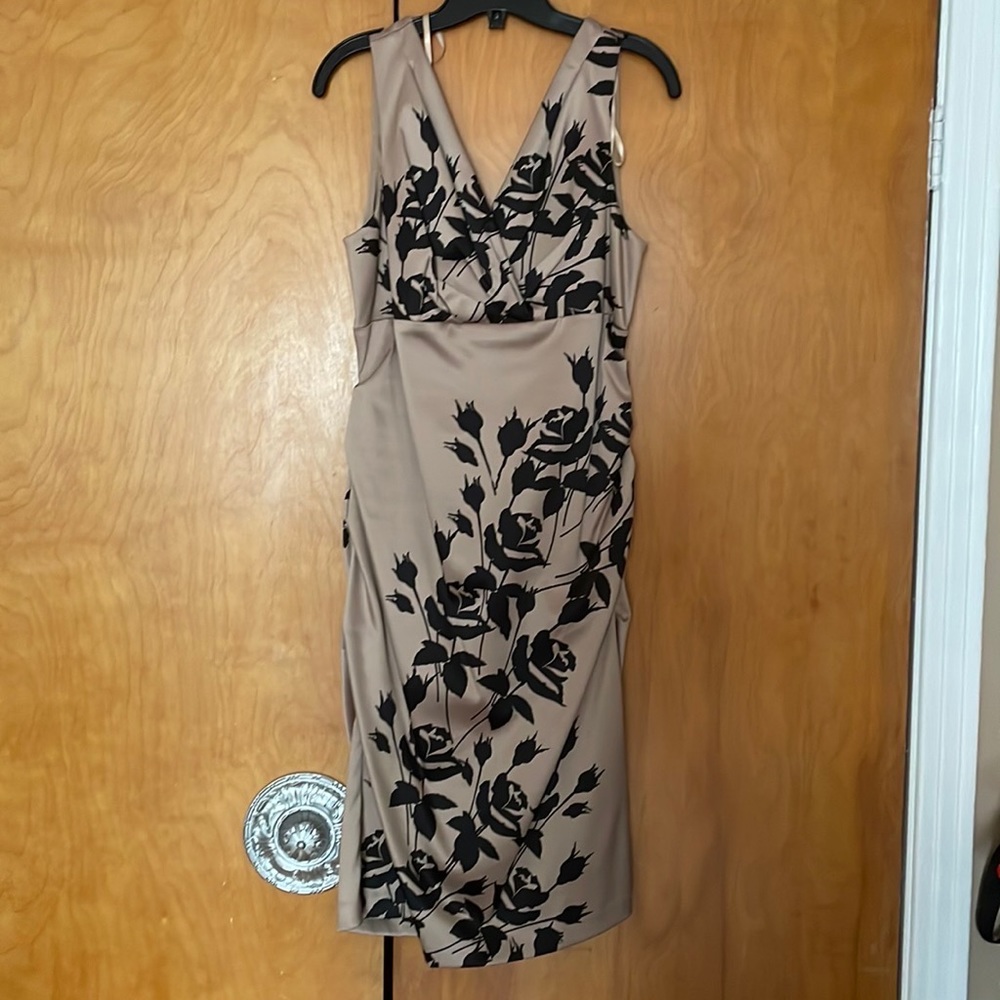 Beautiful taupe cocktail dress with black flower print.